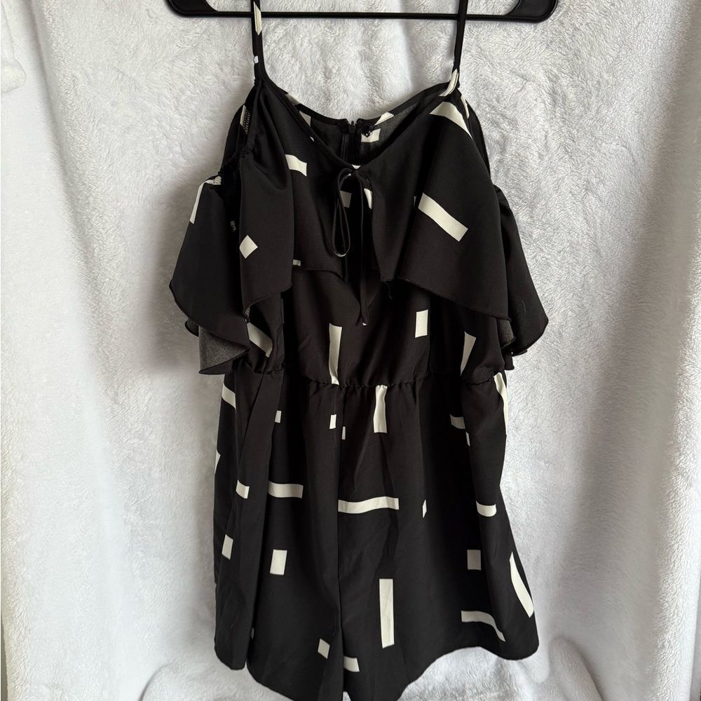 Black and White Geometric Cold Shoulder Romper